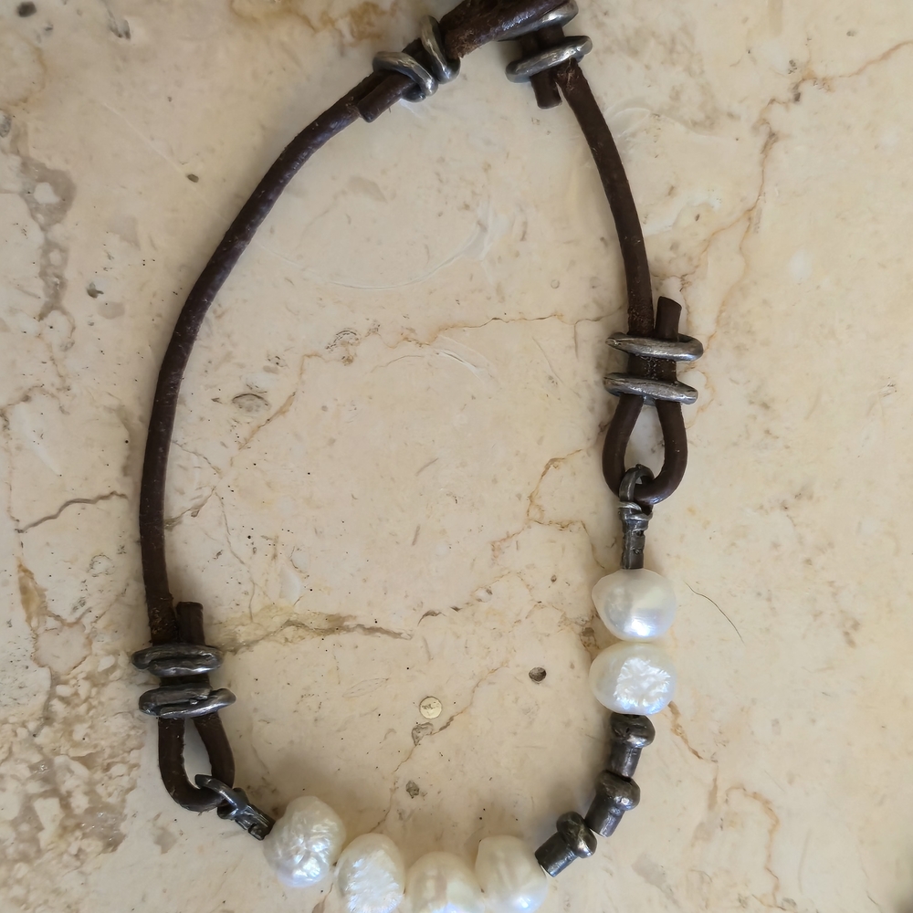 Silpada Brown Leather and White Pearl Necklace & Bracelet - Picture 2 of 9